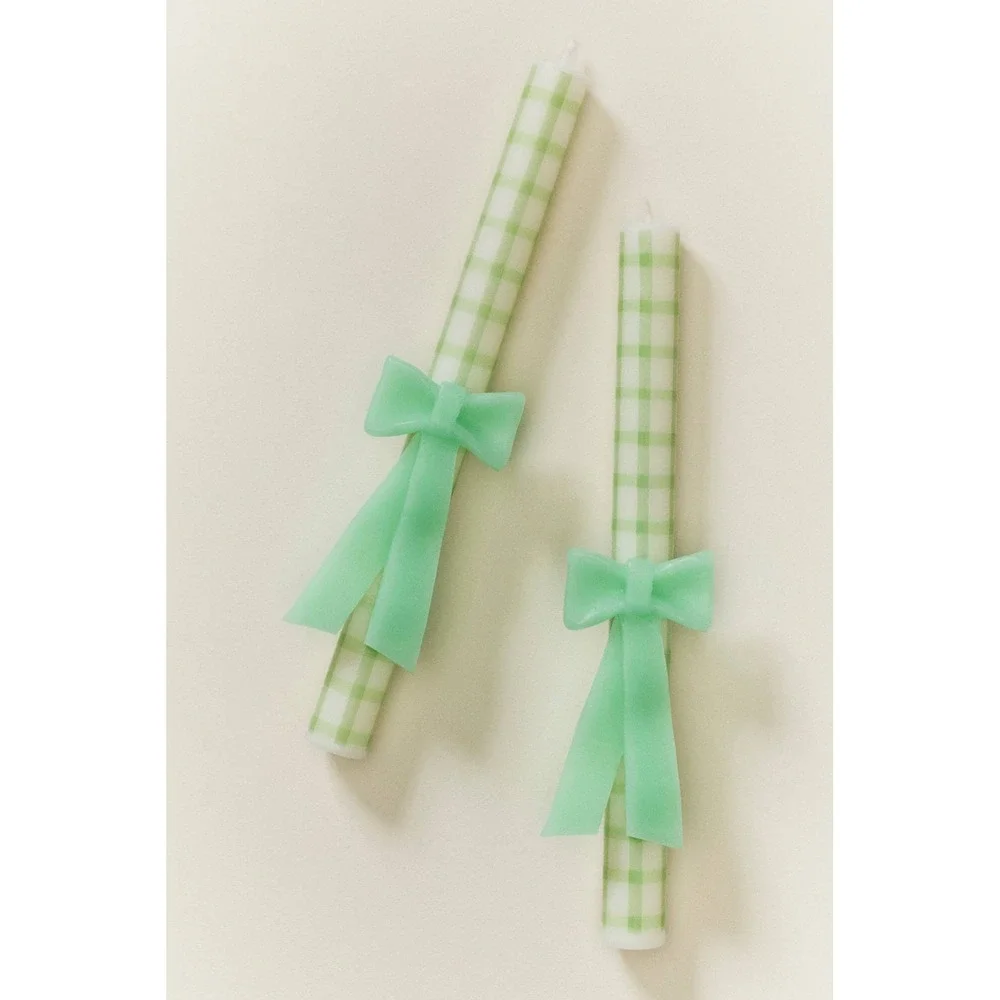 Anthropologie Green Bow Gingham Taper Candles